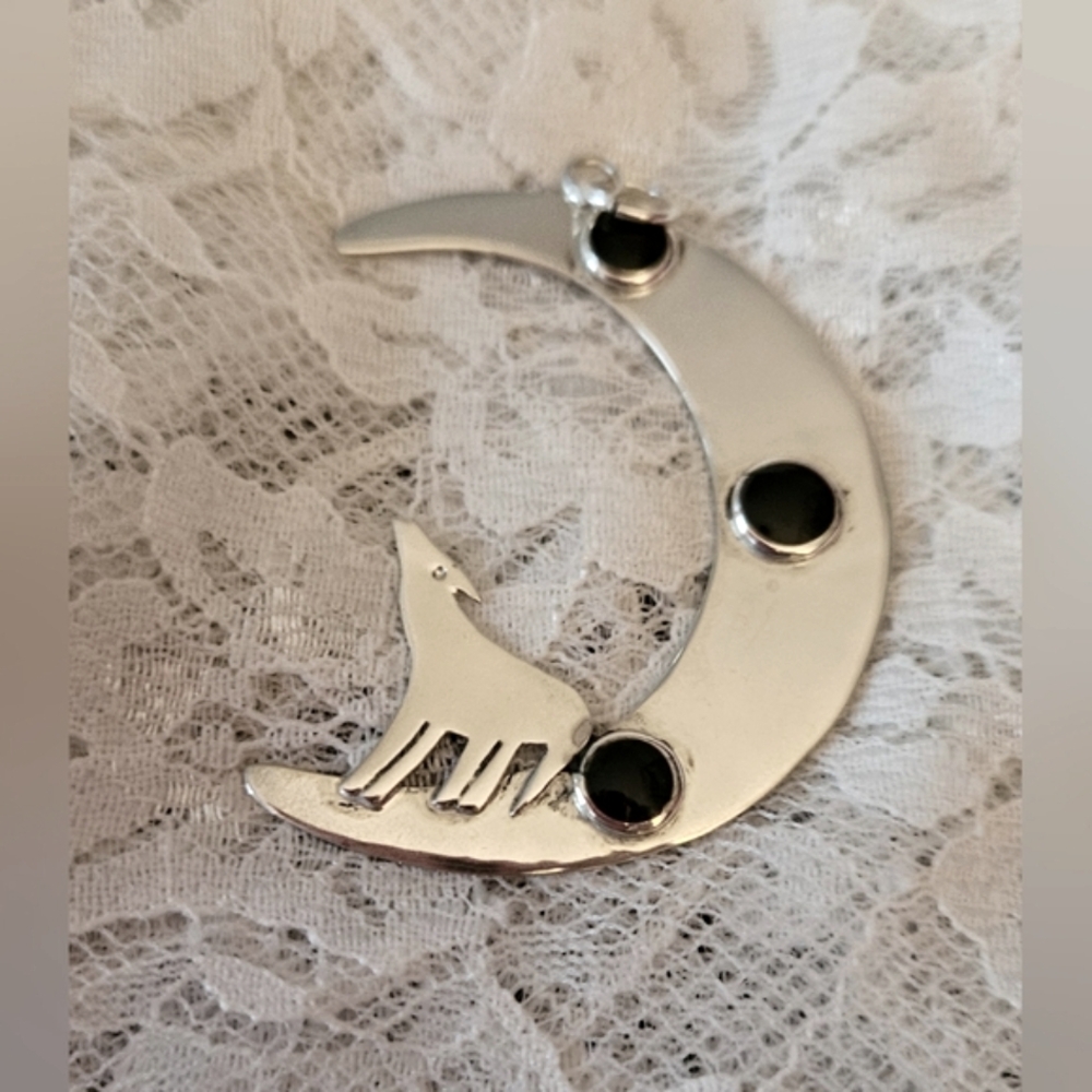 Sterling Silver Crescent Moon Brooch with 3 Cabachon Round Black Onyx Stones